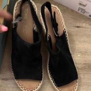 TOMS Black Suede Espadrille Slingback Peep-Toe Sandals